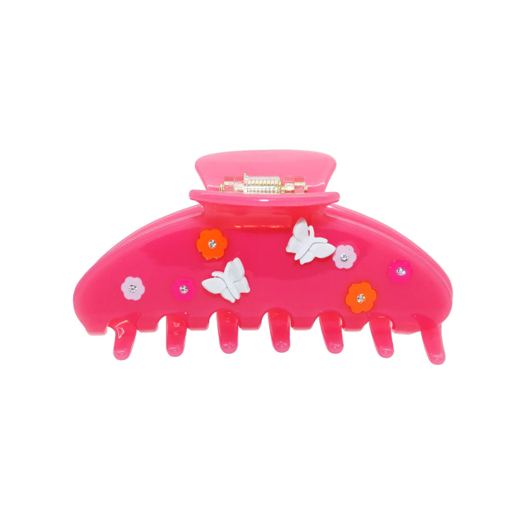 EMI JAY - ONE BIG EFFING CLAW CLIP PINK WITH WHITE BUTTERFLIES AND PINK/ORANGE FLOWERS