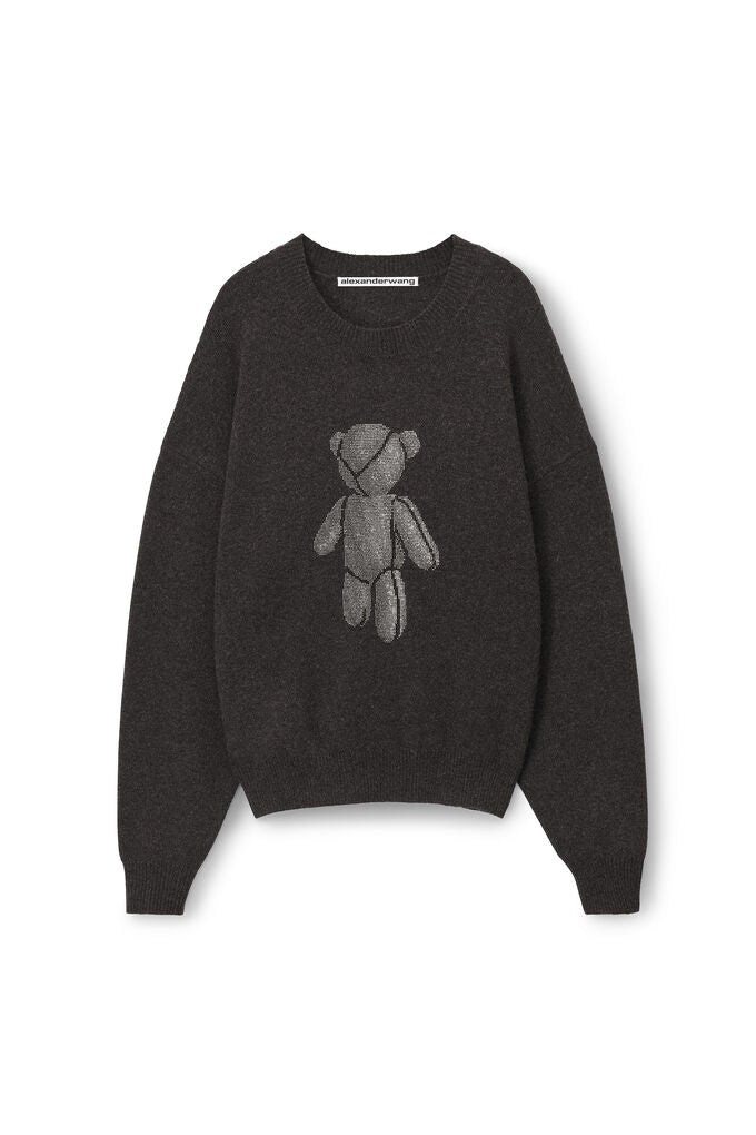 ALEXANDER WANG - OVERSIZED CREWNECK PULLOVER W/ CRYSTAL BEIRESS CHARCOAL MELANGE