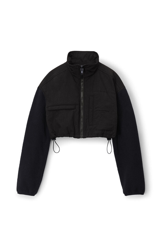 ALEXANDER WANG - CROPPED ZIP UP JACKET WITH FLEECE COMBO BLACK