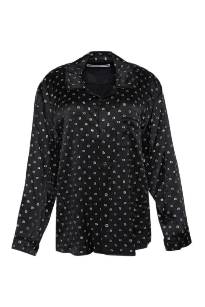 ALEXANDER WANG - PAJAMA LONG SLEEVE SHIRT WITH ALLOVER A HOTFIX BLACK