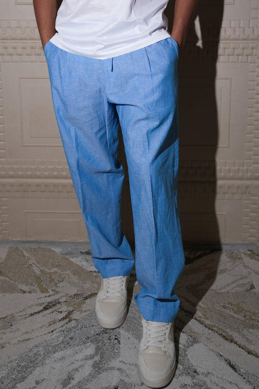 ADRIANO BULGHERONI - PANTALON DE LINO CORCHO AZUL