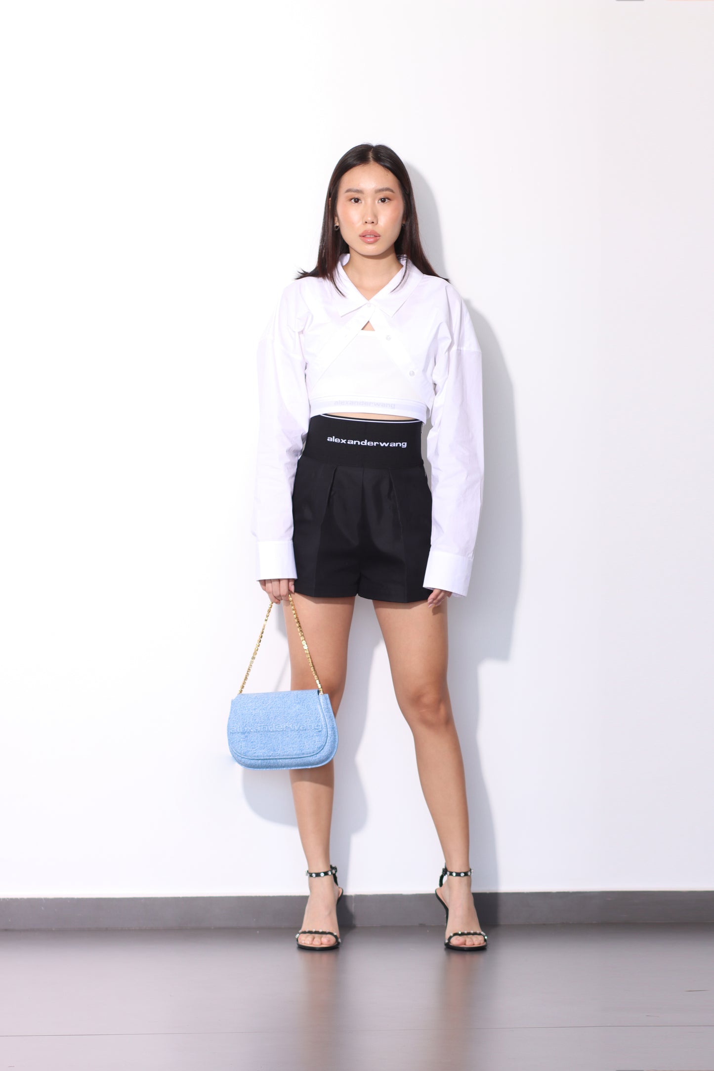 ALEXANDER WANG - TUCKED SHIRT BOLERO AND LOGO ELASTIC TOP WHITE