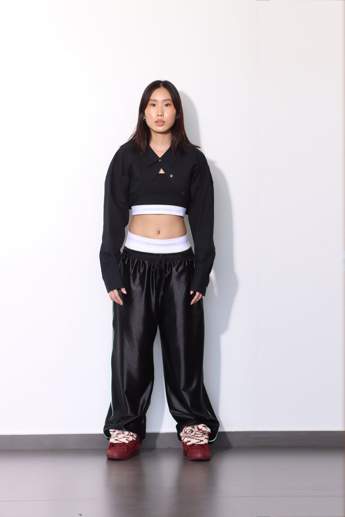 ALEXANDER WANG - TUCKED SHIRT BOLERO AND LOGO ELASTIC TOP BACK