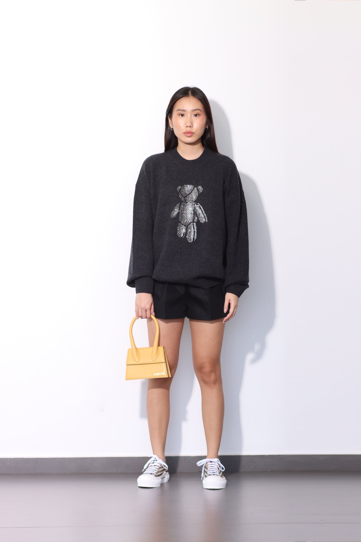 ALEXANDER WANG - OVERSIZED CREWNECK PULLOVER W/ CRYSTAL BEIRESS CHARCOAL MELANGE