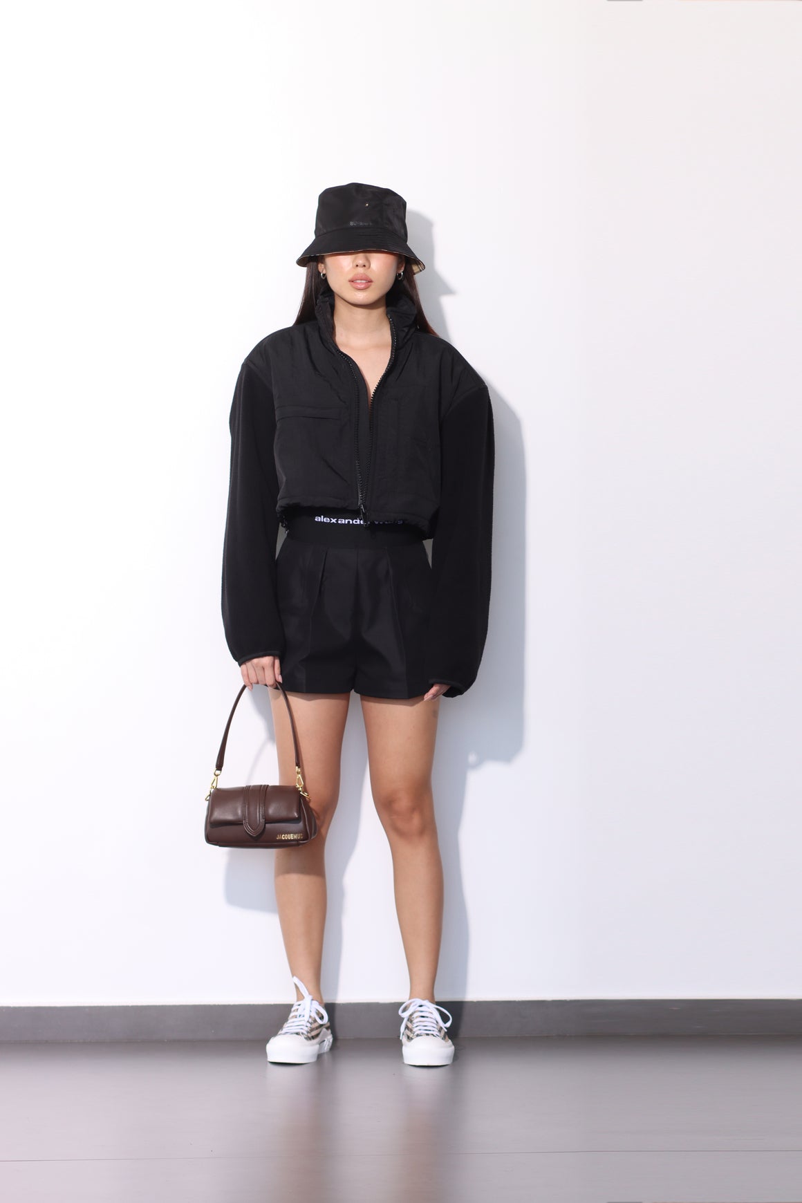 ALEXANDER WANG - CROPPED ZIP UP JACKET WITH FLEECE COMBO BLACK