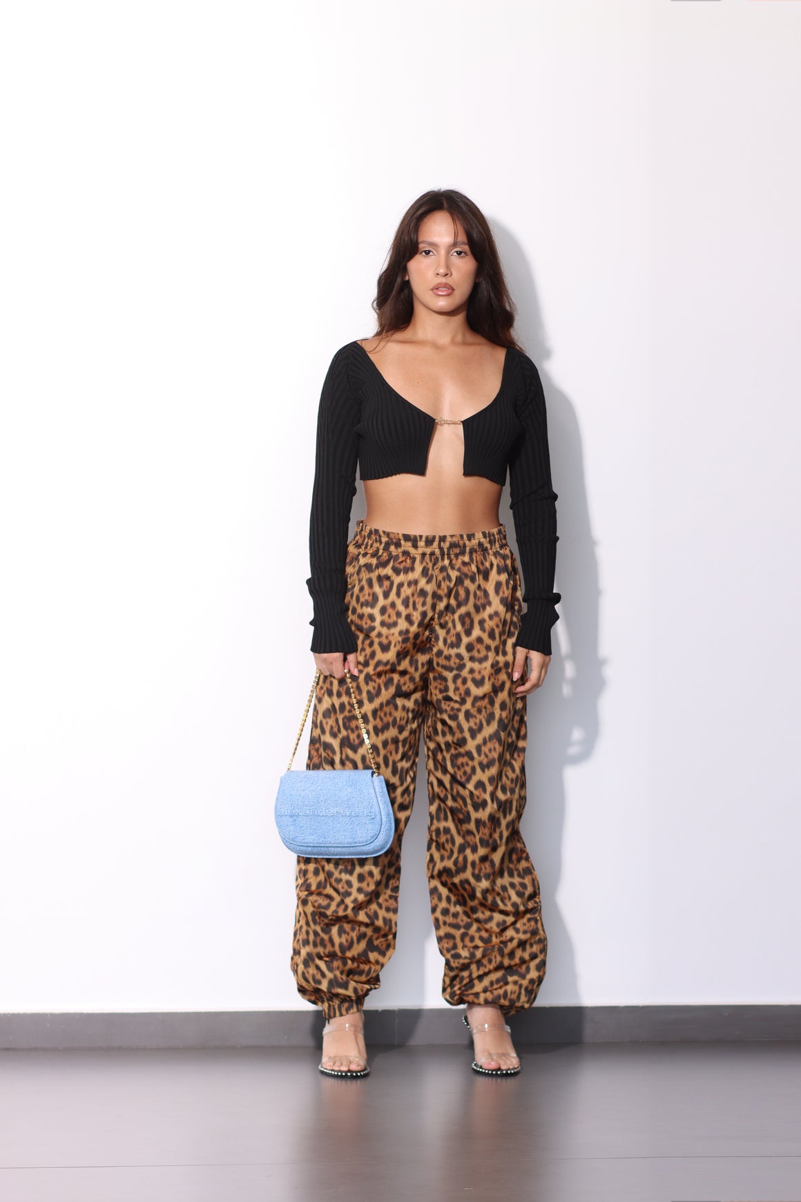 ALEXANDER WANG - LEOPARD TRACK PANT WITH STACKED WANG PUFF LOGO MULTI BLACK