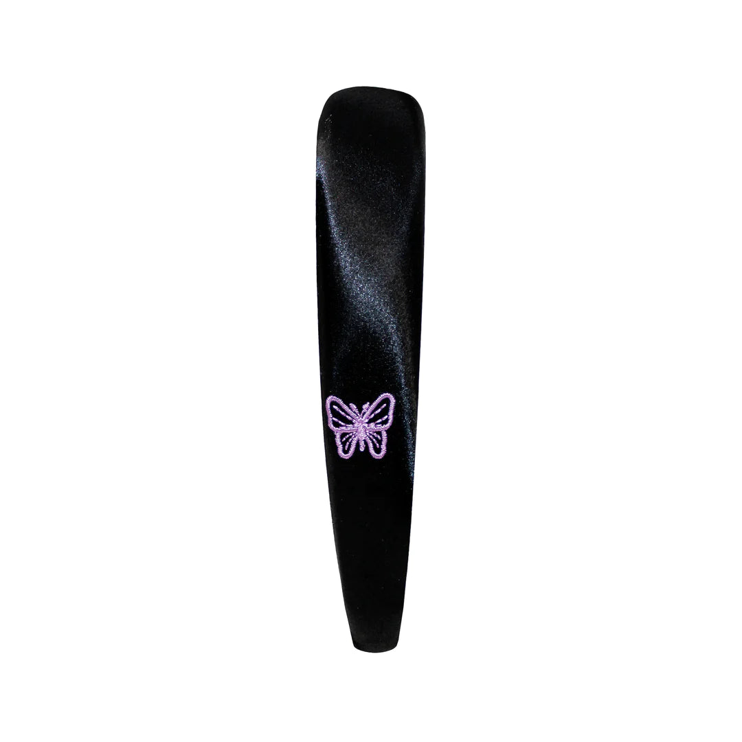 EMI JAY - I SILK HEADBAND MIDNIGHT WITH EMBROIDERED PURPLE BUTTERFLY